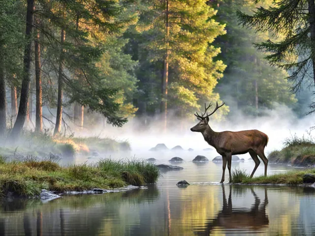 Deer in foggy forest near calm water