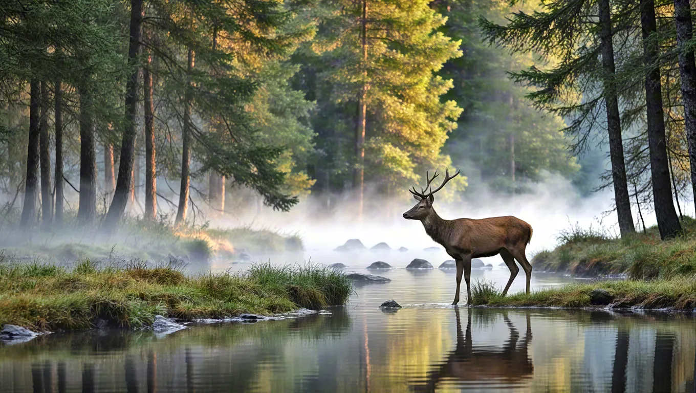 Deer in foggy forest near calm water