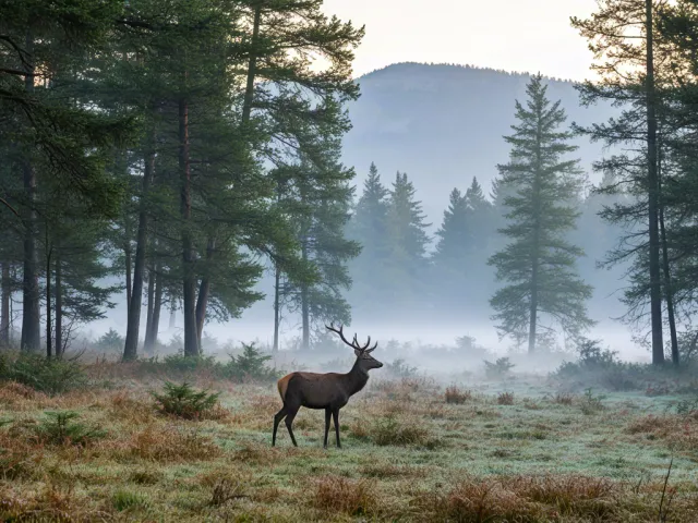 Deer in foggy woodland landscape