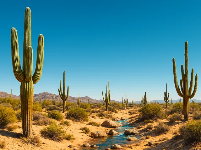 desert landscape with tall cacti under clear blue sky