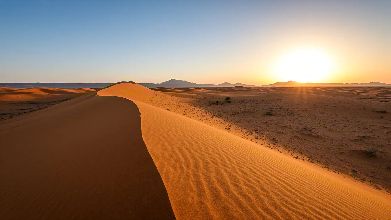 Golden sand dunes lit by evening sun