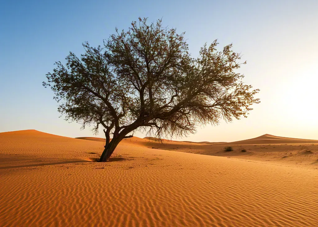 Desert landscape with solitary tree under clear sky
