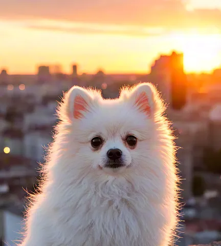 Small white dog lit by evening sunlight above city skyline.