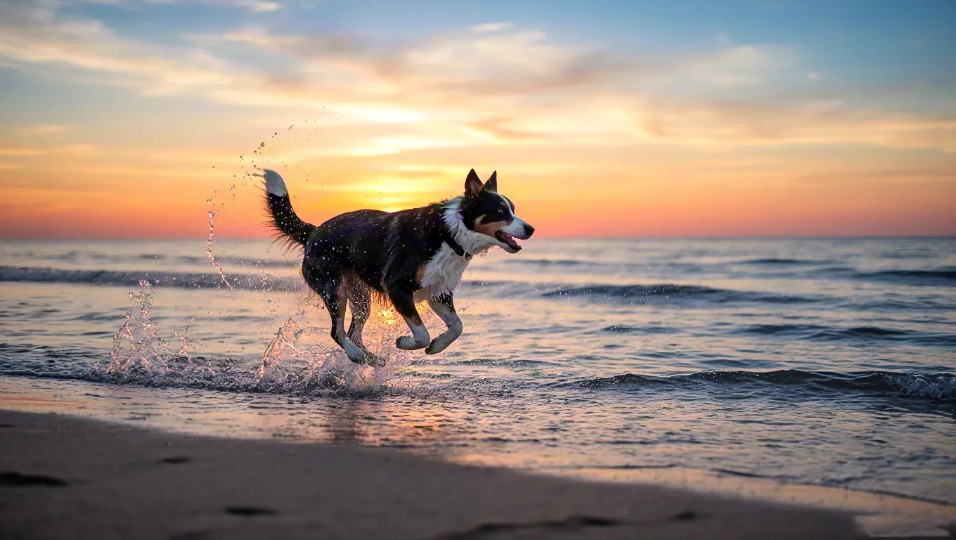 Happy dog splashing in water during sunset