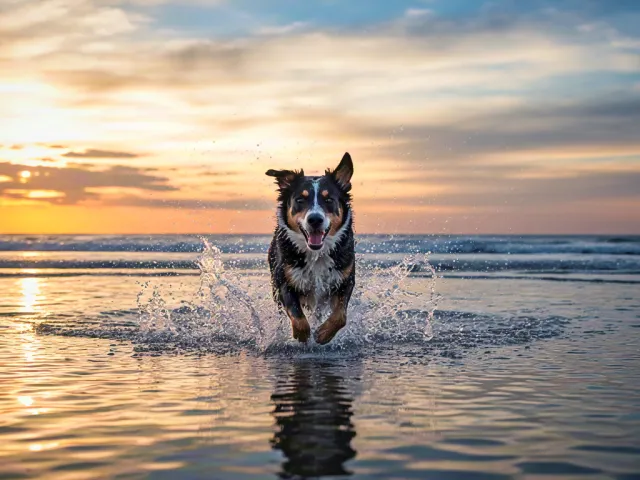 Happy dog splashing in shallow water at sunset