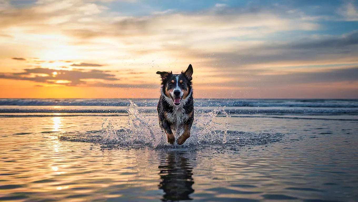 Happy dog splashing in shallow water at sunset