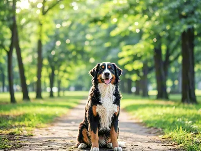 Cute dog sitting on sunlit forest path in summer park
