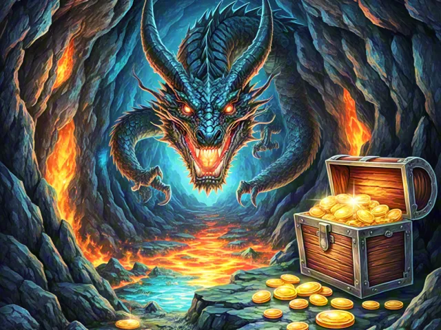 Blue dragon protecting gold inside cave