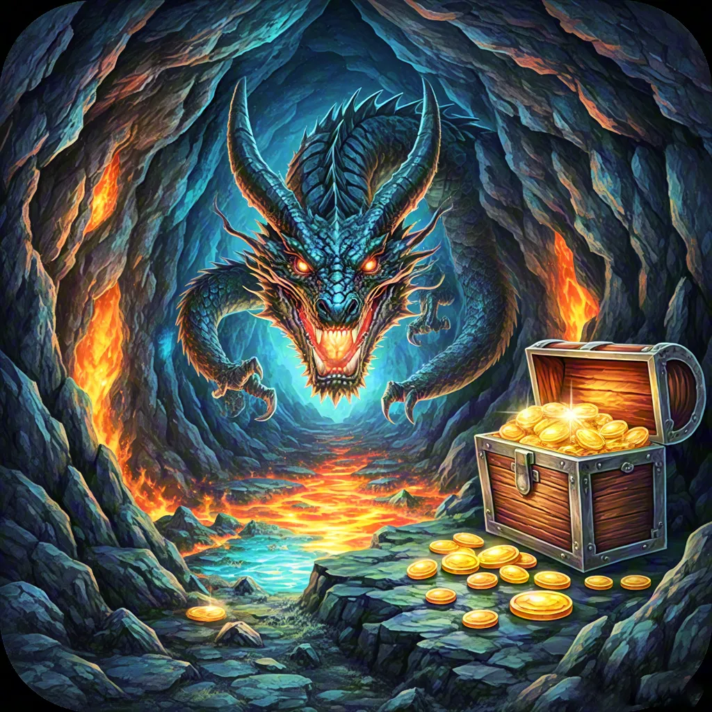 Dragon guarding treasure in fiery cave