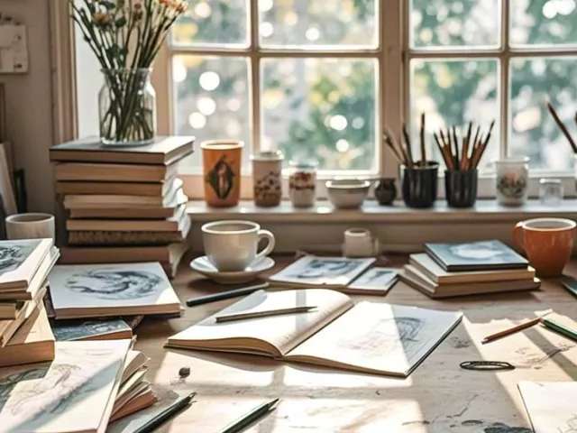 Cozy artist desk full of sketches, brushes and warm light.