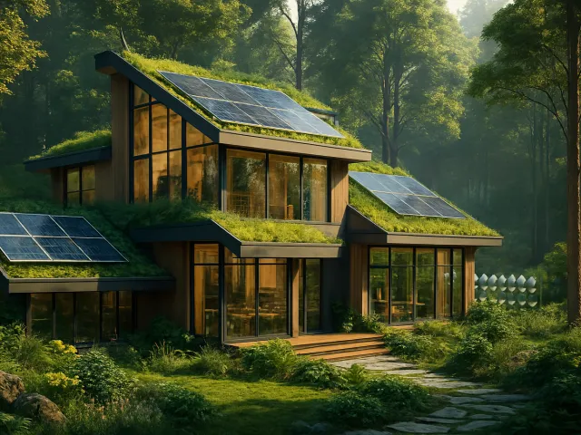 modern eco house surrounded by green forest