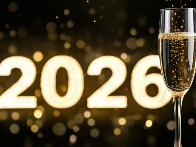 2026 numbers glowing with champagne glass on dark golden background
