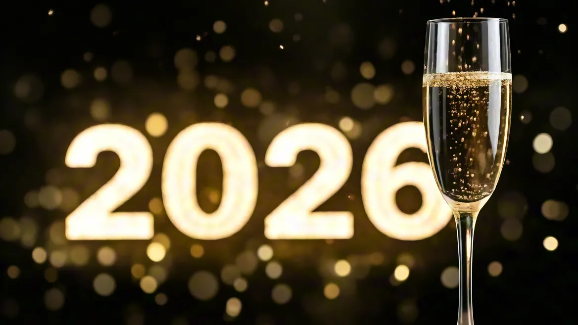 2026 numbers glowing with champagne glass on dark golden background