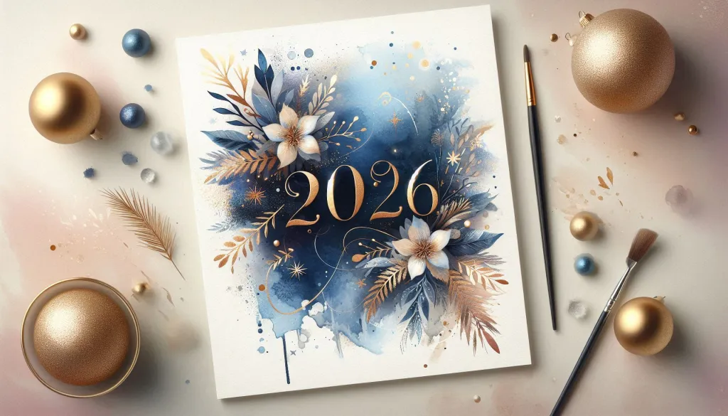 Elegant 2026 holiday card with blue and gold watercolor design