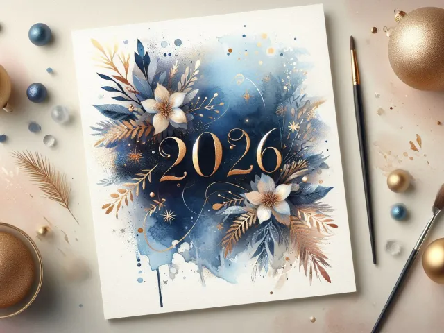Stylish 2026 greeting card surrounded by golden ornaments, brushes, and blue-gold watercolor floral elements