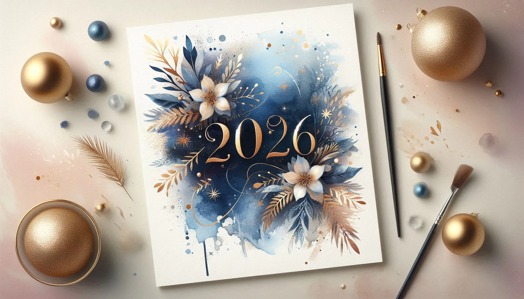 Stylish 2026 greeting card surrounded by golden ornaments, brushes, and blue-gold watercolor floral elements