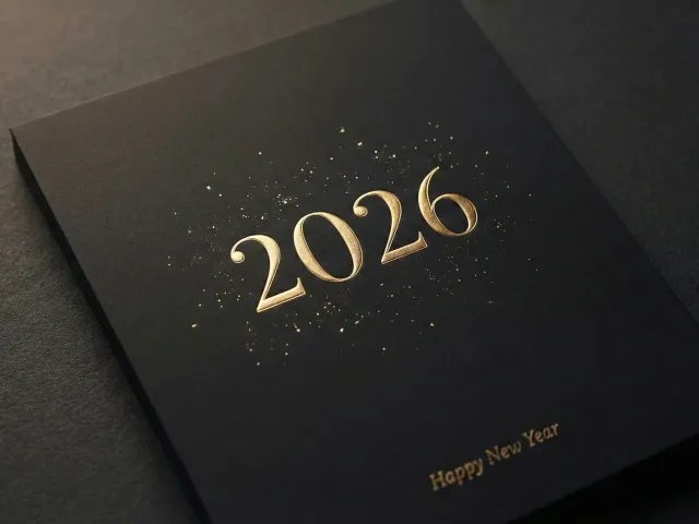 Minimalist black greeting card with golden 2026 lettering