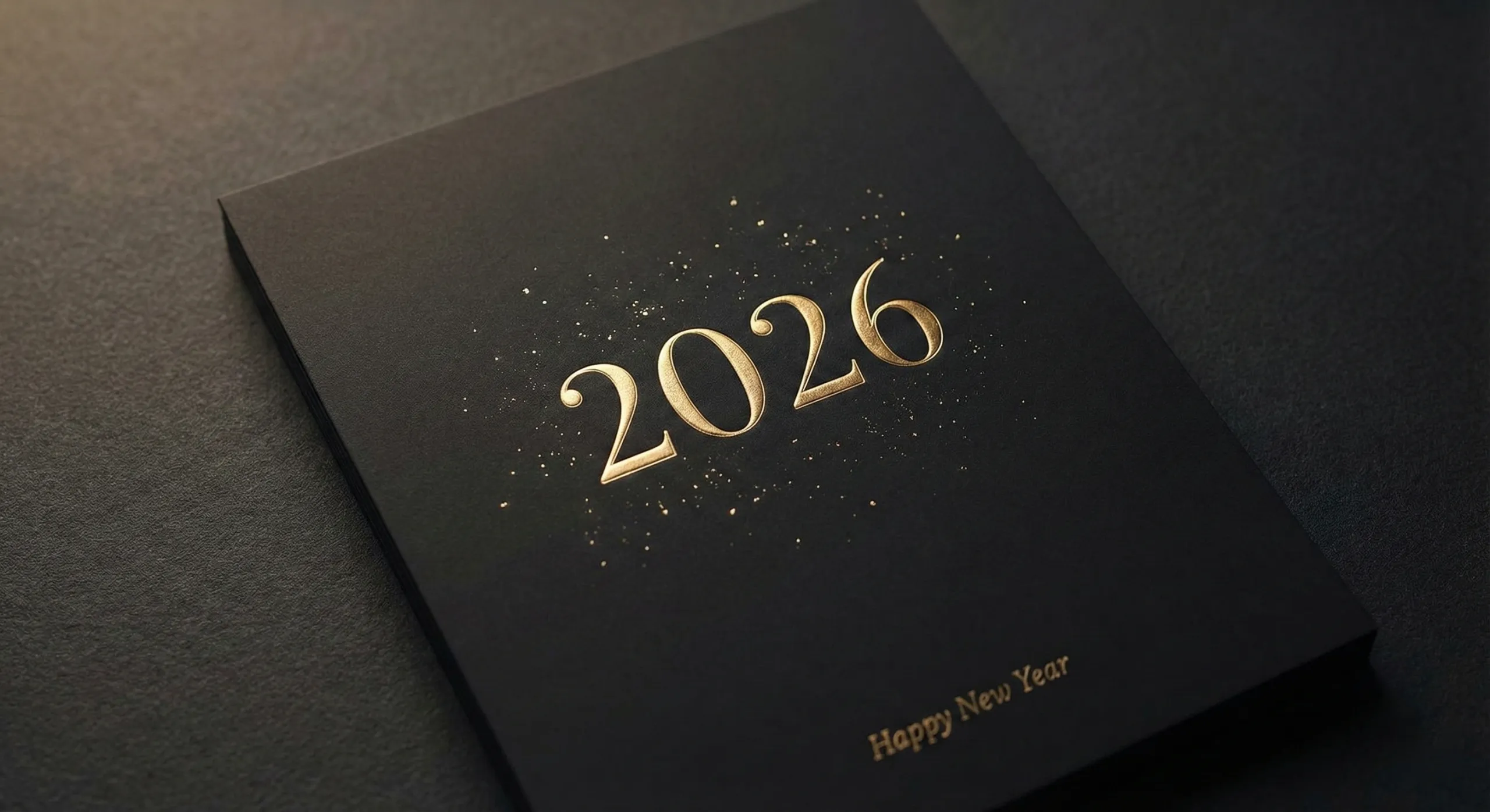 Minimalist black greeting card with golden 2026 lettering