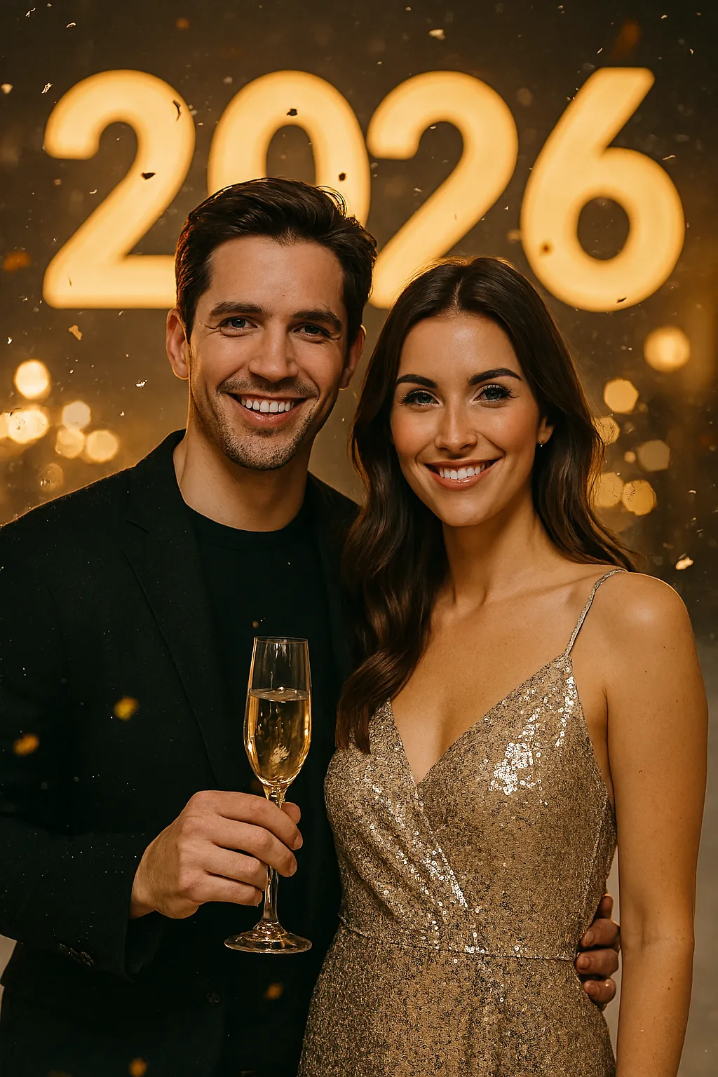 Smiling couple holding champagne glasses with glowing 2026 lights behind them