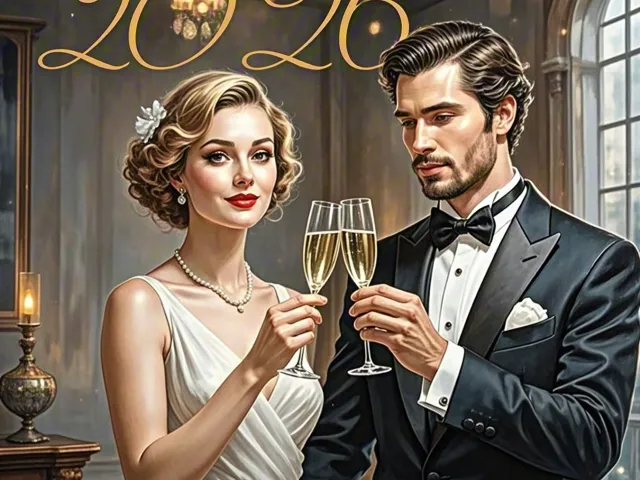 Stylish couple toasting champagne at 2026 New Year celebration