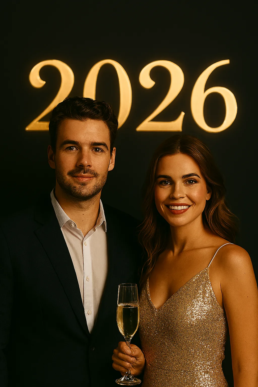 Stylish couple holding champagne glasses with 2026 glowing backdrop