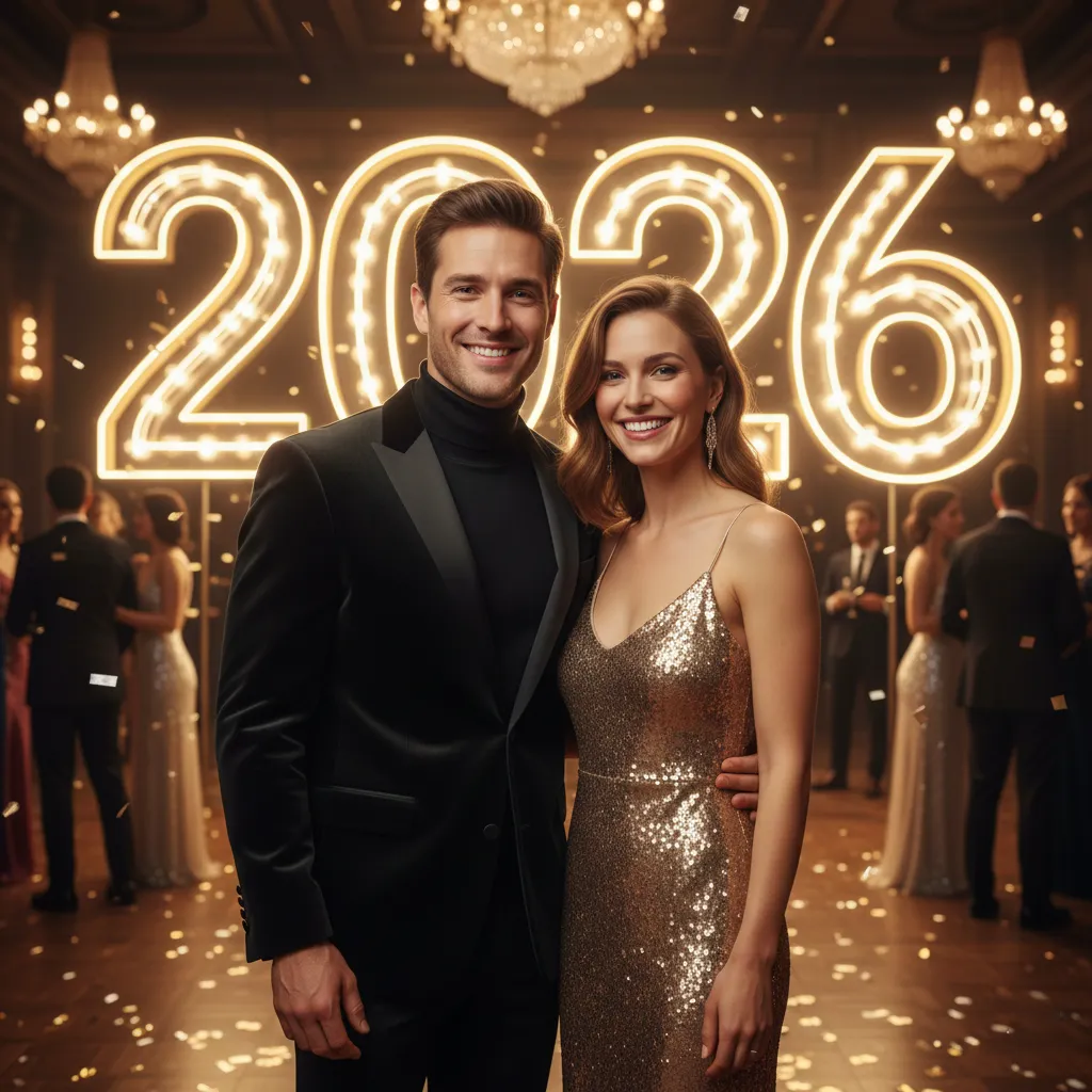 Elegant couple celebrating New Year 2026