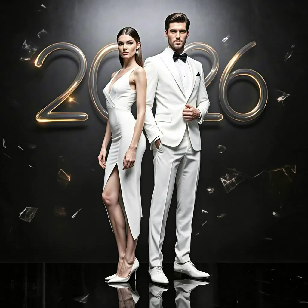 Elegant couple in white outfits with 2026 backdrop