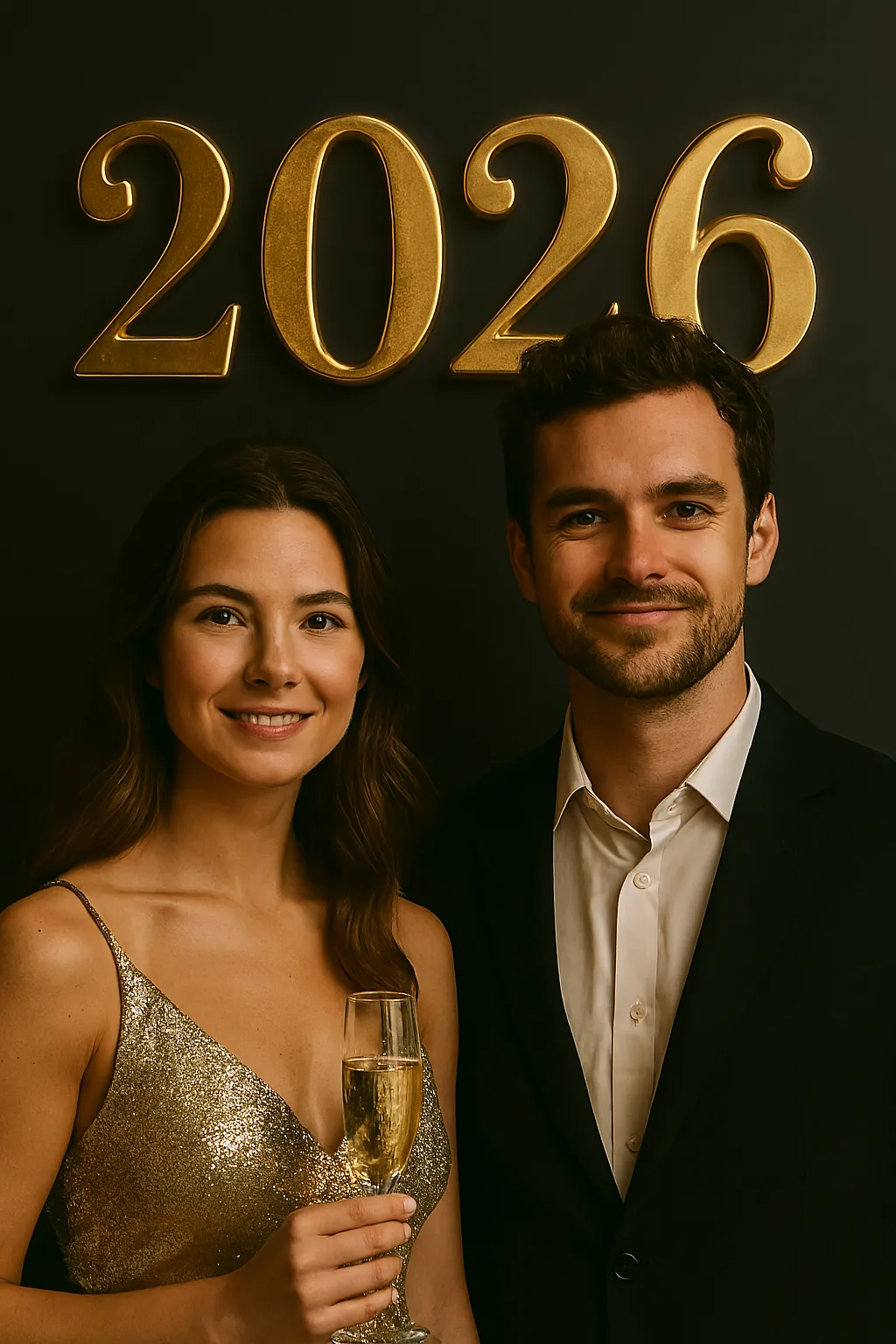 man and woman dressed formal posing together with gold 2026 sign