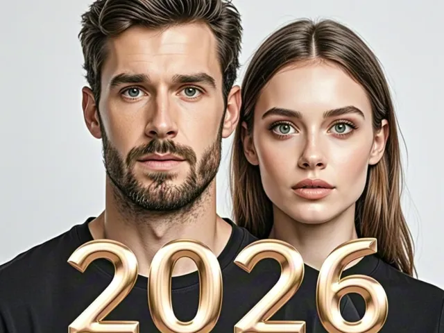 man and woman posing in front of gold 2026 numbers on pale background