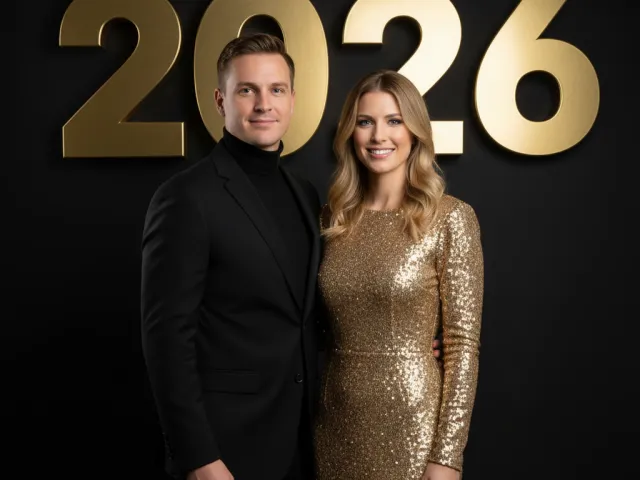 Smiling couple posing beside large golden 2026 digits