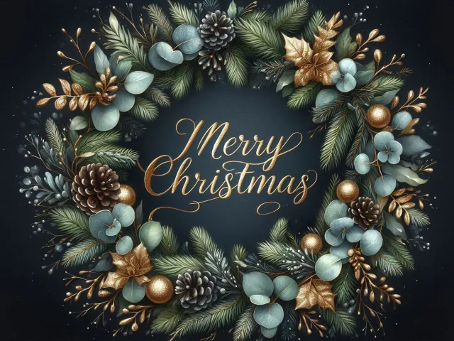 dark green christmas wreath with gold ornaments and merry christmas text