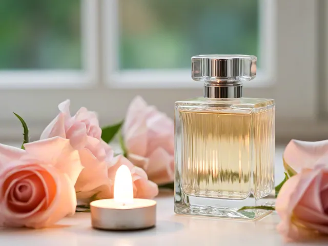 Glass perfume bottle among pink flowers and soft candles.