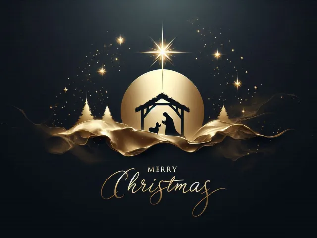 Golden nativity silhouette with glowing star on dark festive background