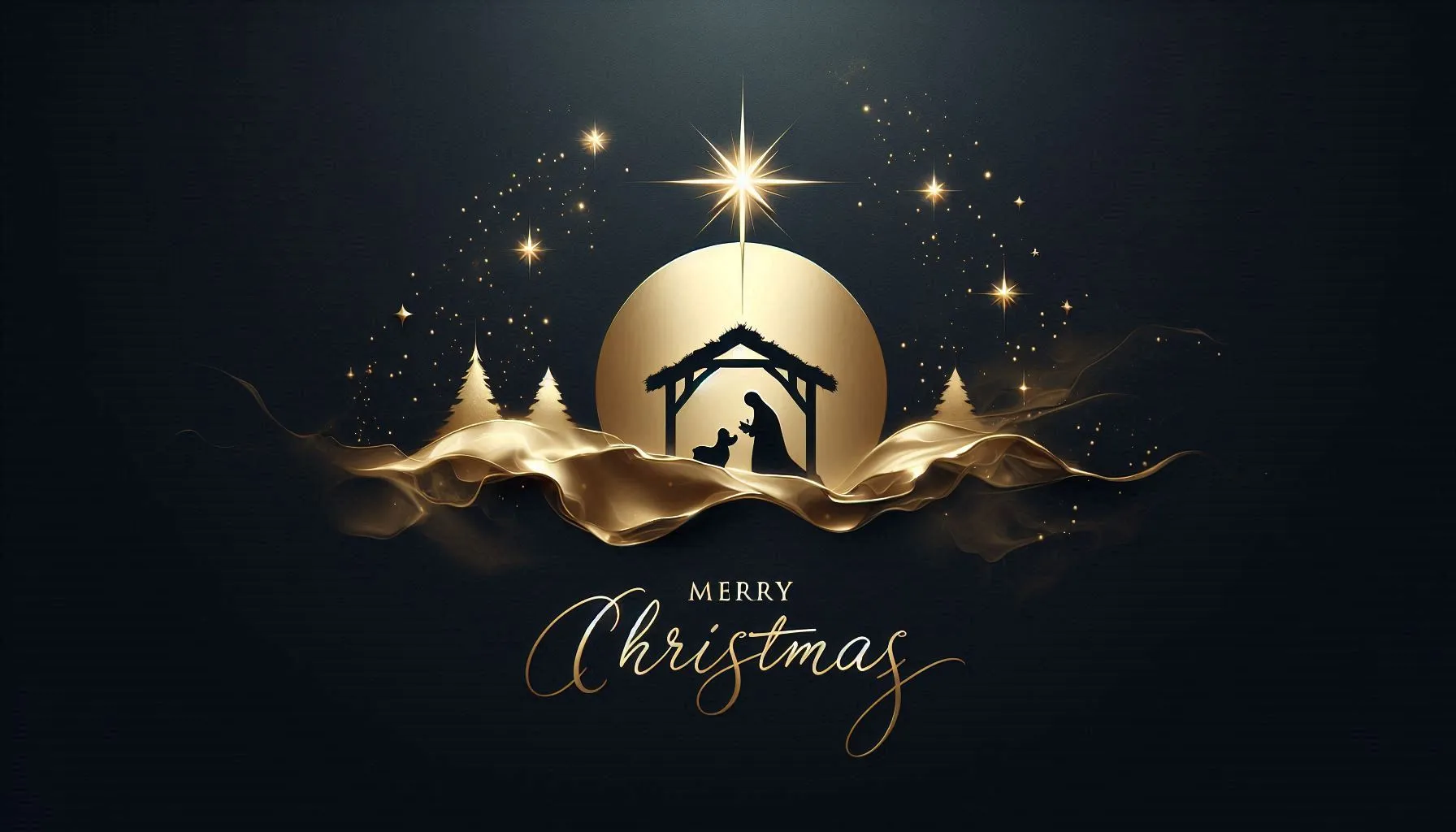 Golden nativity silhouette with glowing star on dark festive background