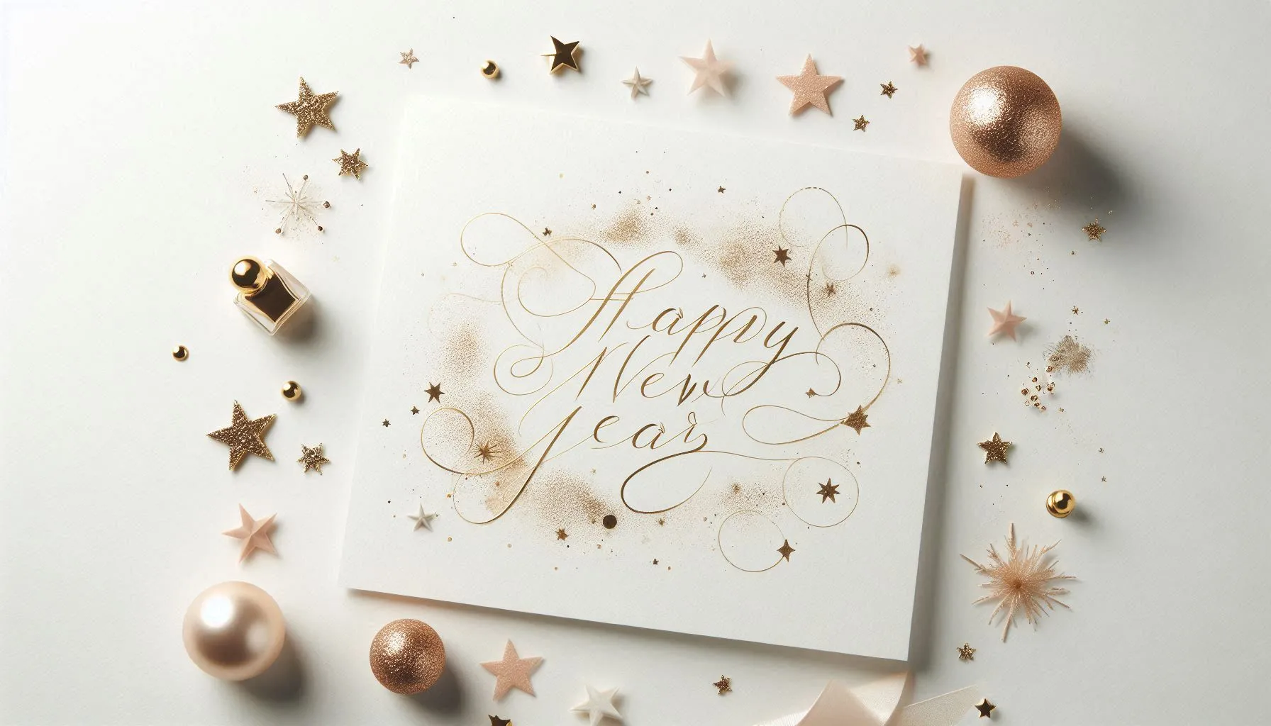 happy new year greeting card with gold confetti and metallic decorations