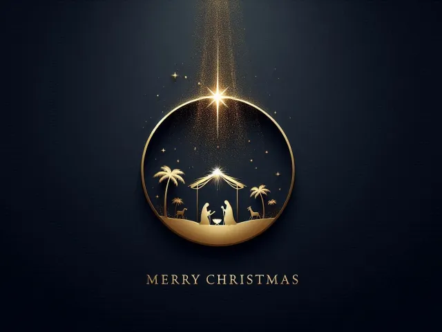 Minimalist golden 2026 silhouette with nativity-style Christmas scene inside