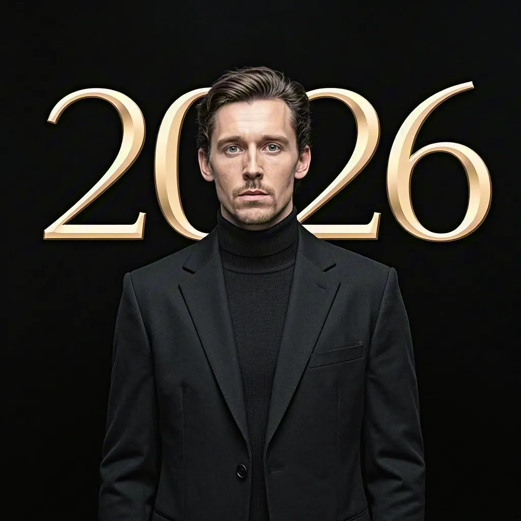 Elegant man in black suit with 2026 backdrop