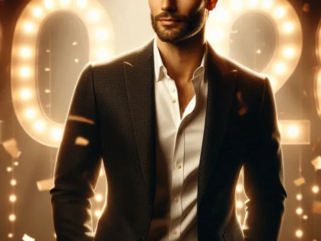 stylish man in black suit posing in front of glowing 2026 lights