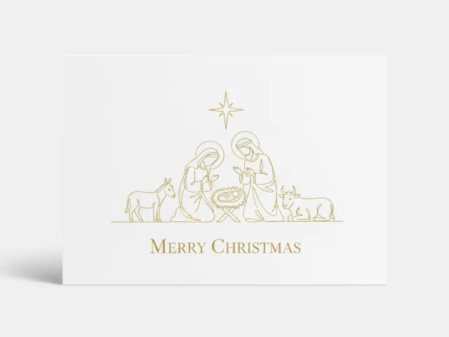 White Christmas card with gold line-art nativity illustration