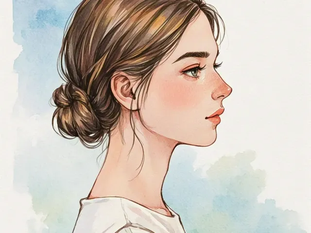 Side profile illustration of a woman with tied hair.