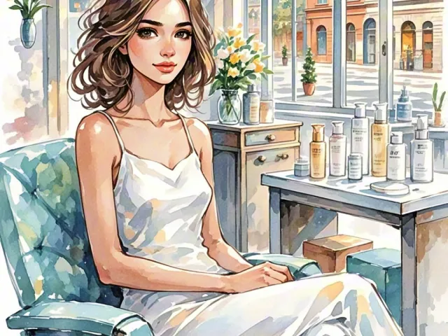 Portrait of a woman in a towel sitting in a cozy spa room.