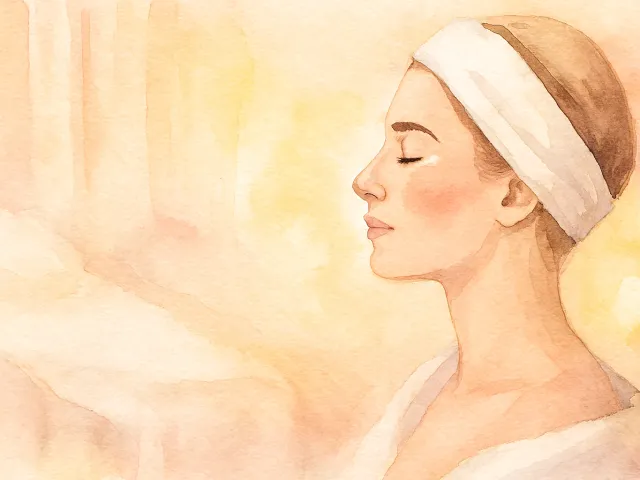 Soft watercolor portrait of a woman with headband in a calm spa atmosphere.