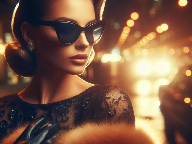 Stylish woman in fur and sunglasses on glowing night city street