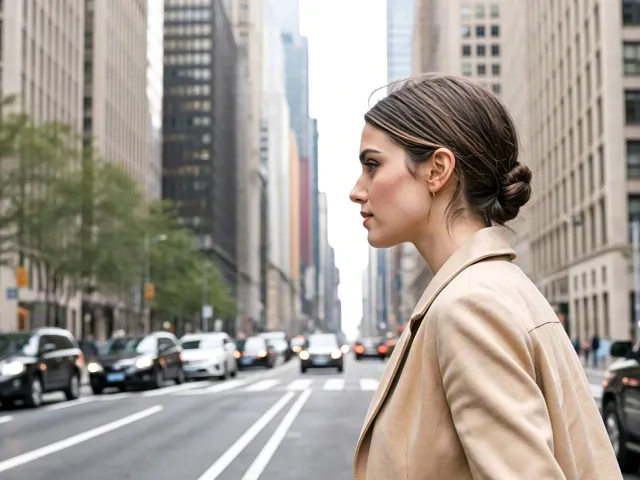 Stylish female in profile view walking through urban area with cars and buildings.