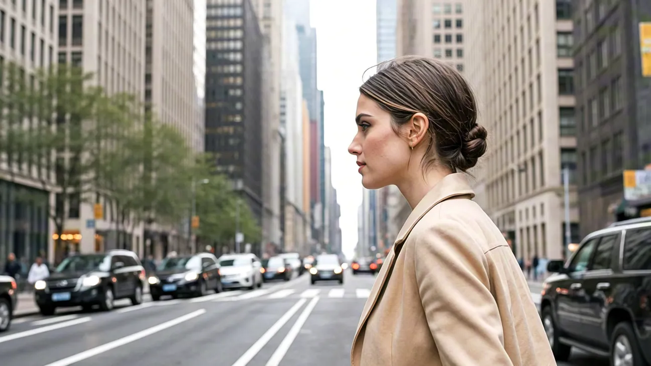 Stylish female in profile view walking through urban area with cars and buildings.