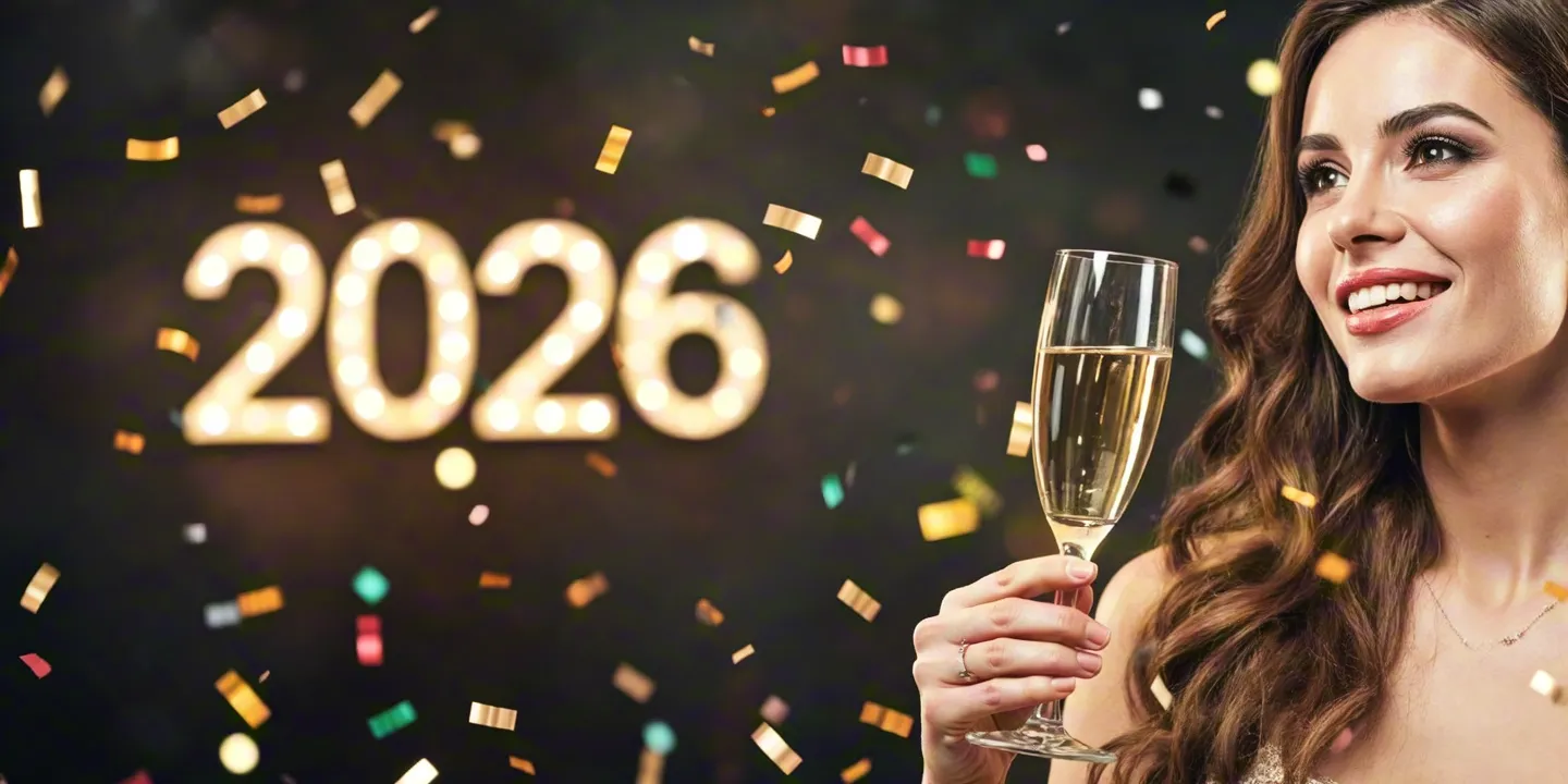 Woman in shimmering dress posing in soft festive light