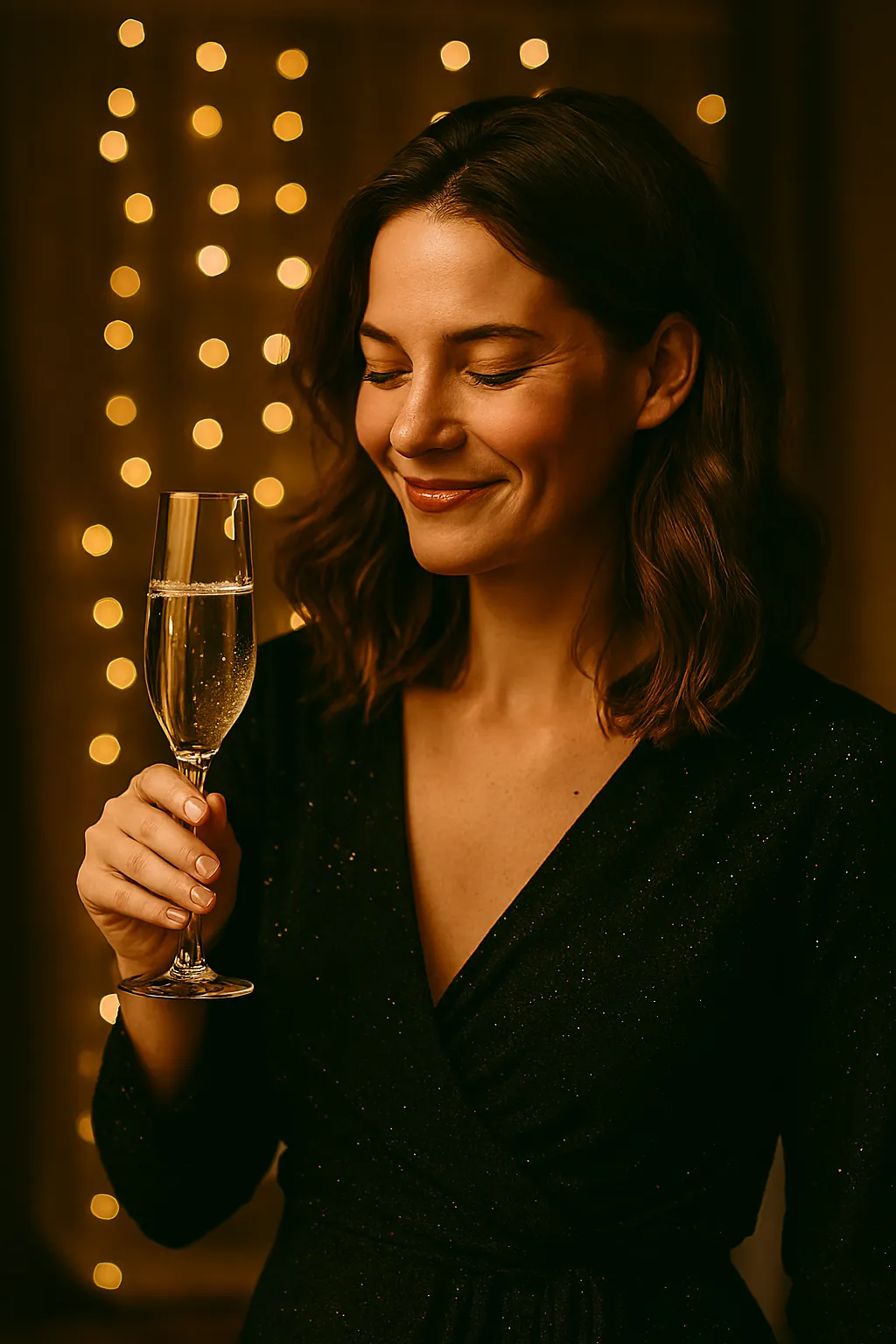 woman holding champagne glass in festive golden background