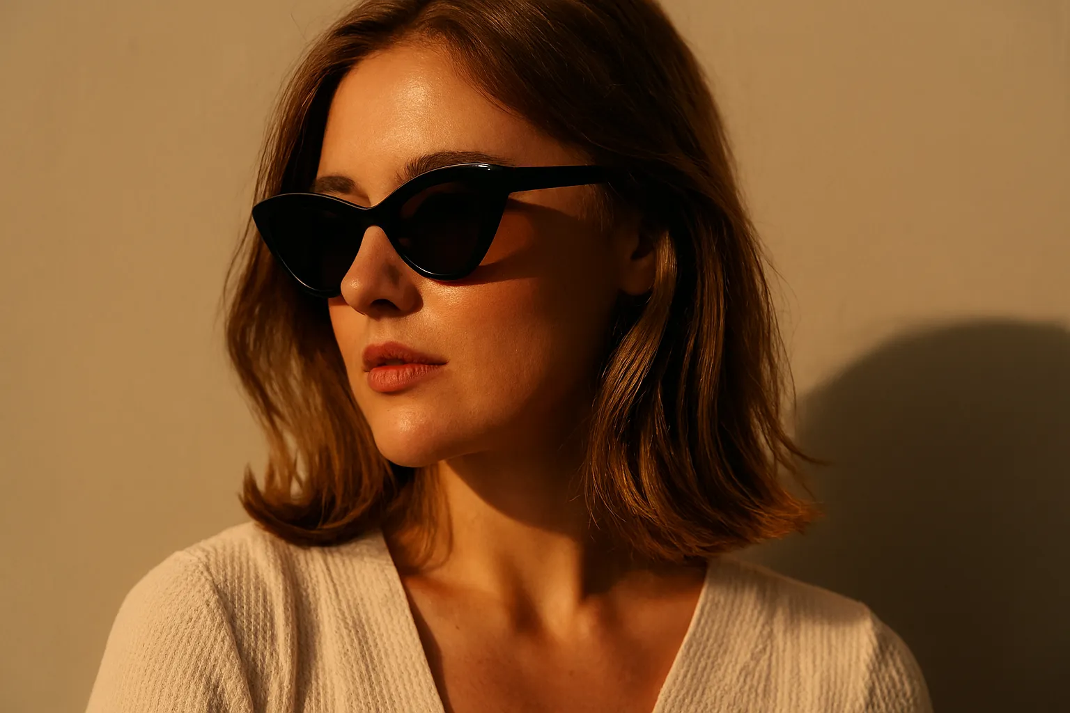 Stylish portrait of a woman in black cat-eye sunglasses and beige sweater, illuminated by warm golden light