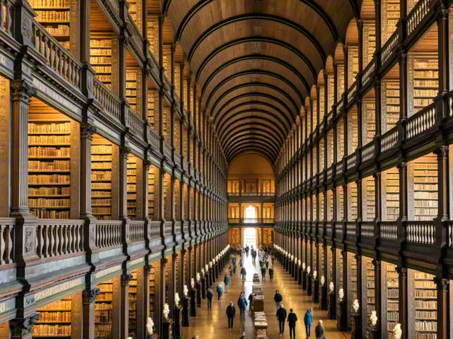 long library hallway with warm lighting and tall bookshelves