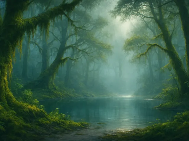 misty green forest with a calm lake in the center